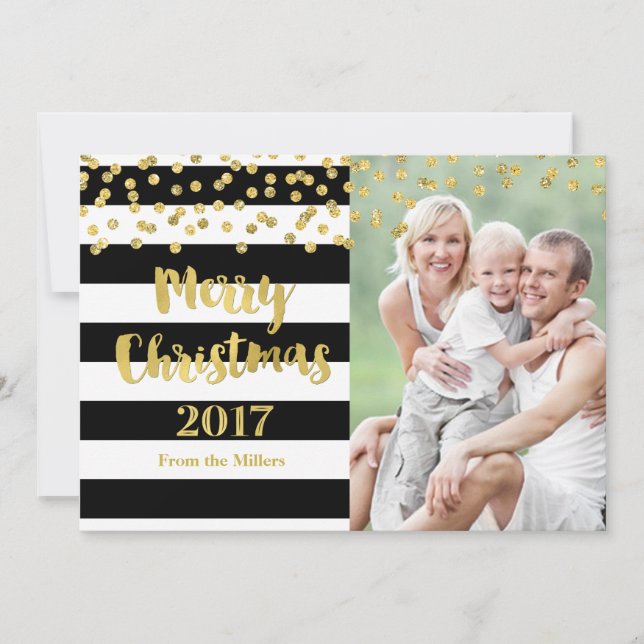 Gold Confetti Black Stripes Frohe Weihnachten 2017 (Vorderseite)