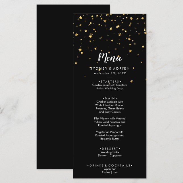 Gold Confetti | Black Wedding Dinner Menu Menükarte (Vorne/Hinten)
