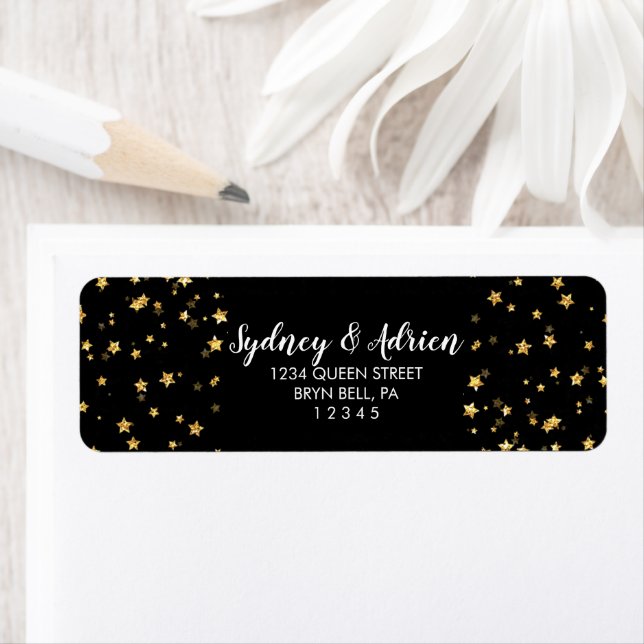 Gold Confetti|Black Wedding Einladung Rücksendeadr (Insitu)