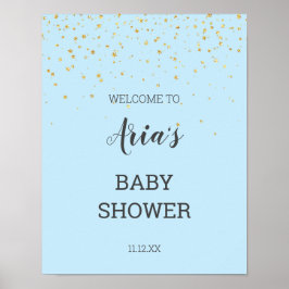 Gold Confetti Blue Baby Dusche Begrüßungszeichen Poster