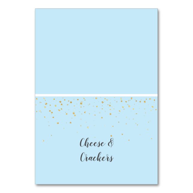 Gold Confetti Blue Baby Dusche Buffet Food Labels Tischnummer (Vorderseite)
