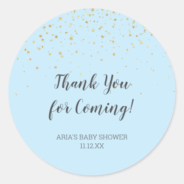 Gold Confetti Blue Baby Dusche Gefallen Runder Aufkleber (Vorderseite)