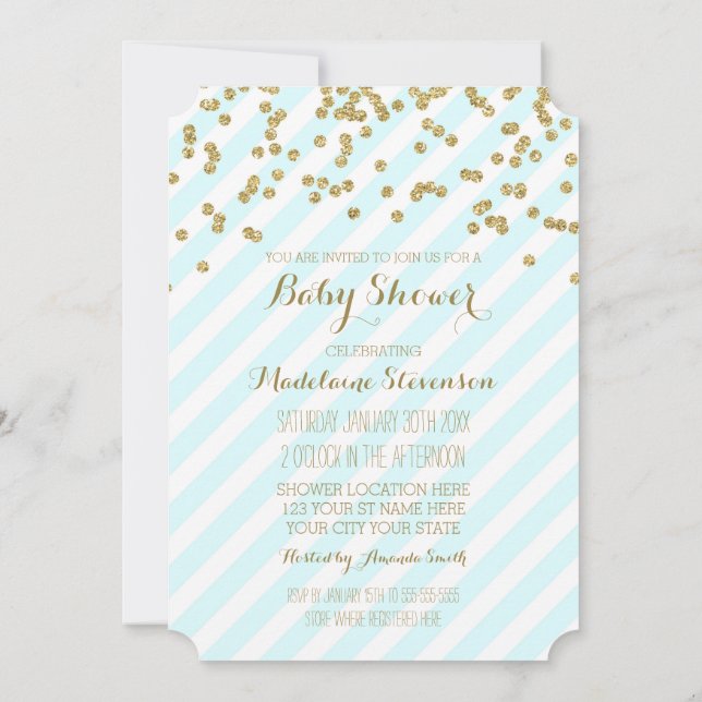 Gold Confetti Blue Stripes Baby Shower Invitations (Dos)