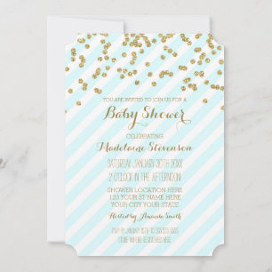 Gold Confetti Blue Stripes Baby Shower Invitations