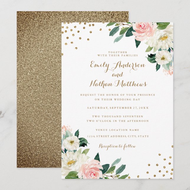 Gold Confetti Blush Bloral Wedding Einladung (Vorne/Hinten)