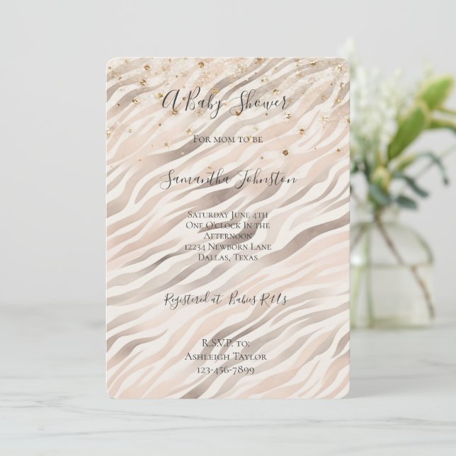 Gold Confetti Blush Pink Zebra Baby Shower Einladung (Stehend Vorderseite)