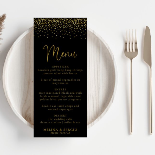 Gold Confetti Boho Black Mariage Menu (Créateur téléchargé)