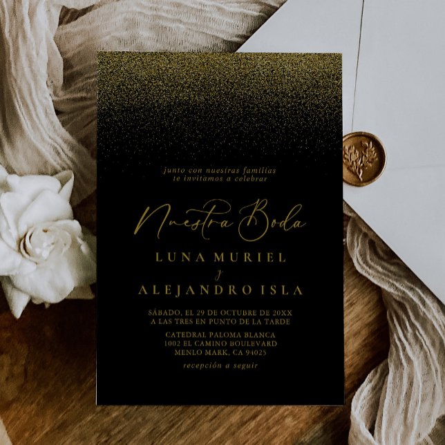 Gold Confetti Boho Black Nuestra Boda Wedding Einladung (Von Creator hochgeladen)