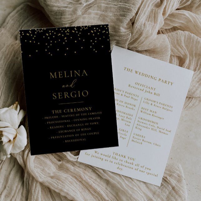 Gold Confetti Boho Black Wedding programme (Créateur téléchargé)