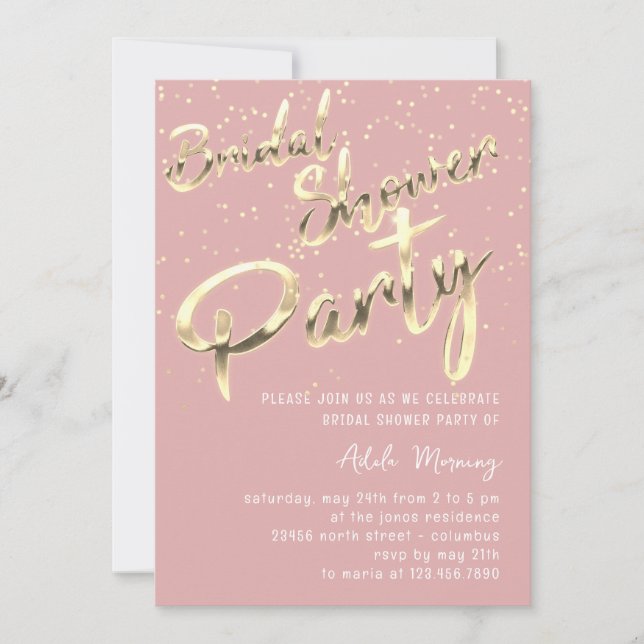 Gold Confetti Brautparty Script Rosa Rose Einladung (Vorderseite)