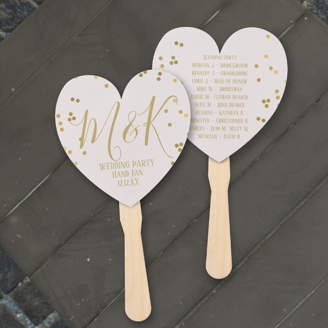 Gold Confetti Bridal Blush Wedding Party Hand Fans Fächer (Gold Confetti on Blue Pink Wedding Program Hand Fans with space for your details)