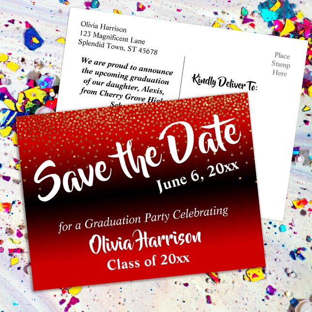 Gold Confetti Bright Red Abschluss Save the Date Postkarte (Von Creator hochgeladen)