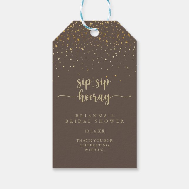 Gold Confetti Brown Sip Hooray Brautparty Geschenkanhänger (Vorderseite)