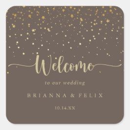 Gold Confetti Brown Wedding Willkommen Quadratischer Aufkleber