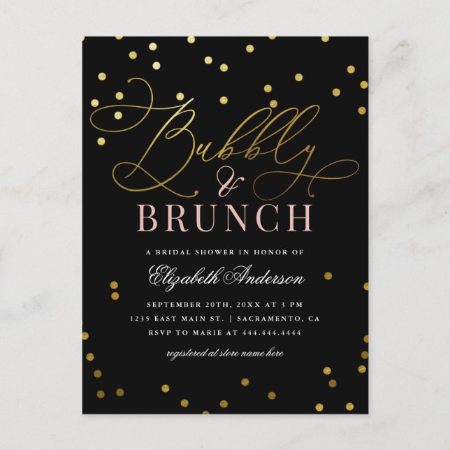 Gold Confetti Bubbly & Brunch Brautparty Einladungspostkarte (Vorderseite)