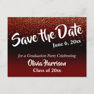 Gold Confetti Burgundy Abschluss Save the Date Postkarte