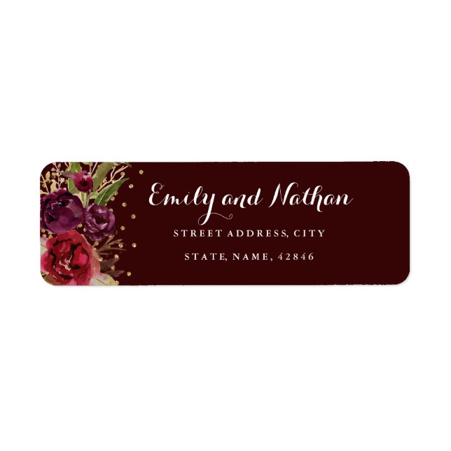 Gold Confetti Burgundy Floral Return Address Label (Vorne)
