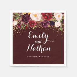Gold Confetti Burgundy Floral Wedding Napkin Serviette