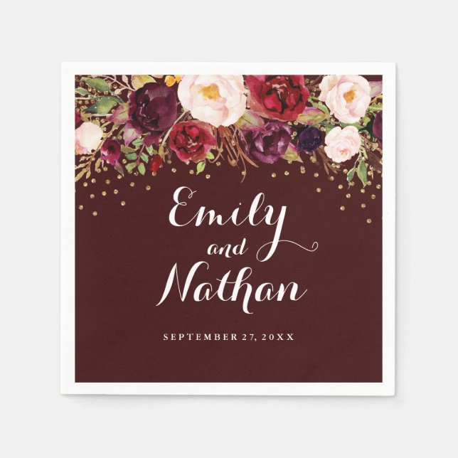 Gold Confetti Burgundy Floral Wedding Napkin Serviette (Vorderseite)