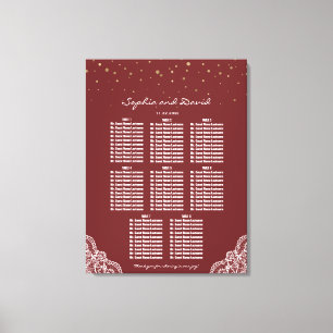 Gold Confetti Burgundy Lace Wedding Chart Leinwanddruck