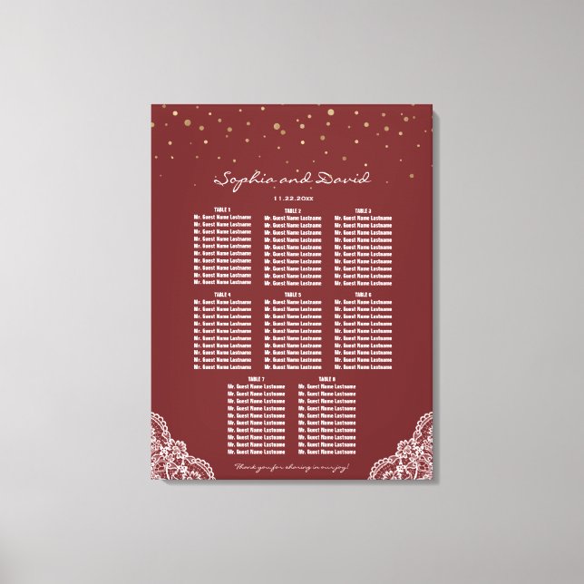 Gold Confetti Burgundy Lace Wedding Chart Leinwanddruck (Vorderseite)