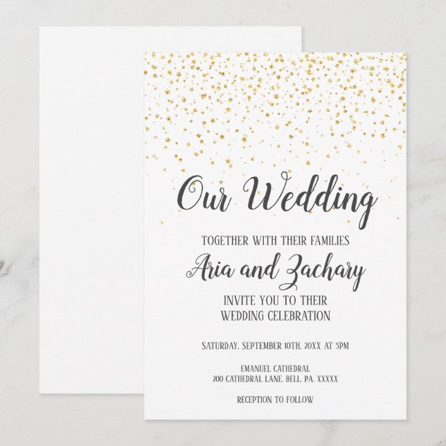Gold Confetti Calligraphie Unsere Einladung zur Ho (Vorne/Hinten)