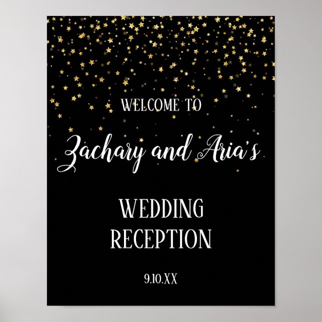 Gold Confetti Calligraphy|Black Empfang Willkommen Poster (Vorne)