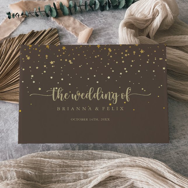 Gold Confetti Calligraphy Brown Wedding Gästebuch (Von Creator hochgeladen)