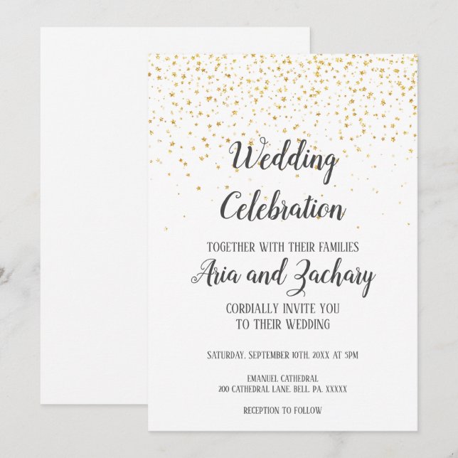 Gold Confetti Calligraphy Wedding Celebration Einladung (Vorne/Hinten)