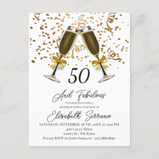 Gold Confetti Champagner Brille 50. Geburtstag Einladungspostkarte