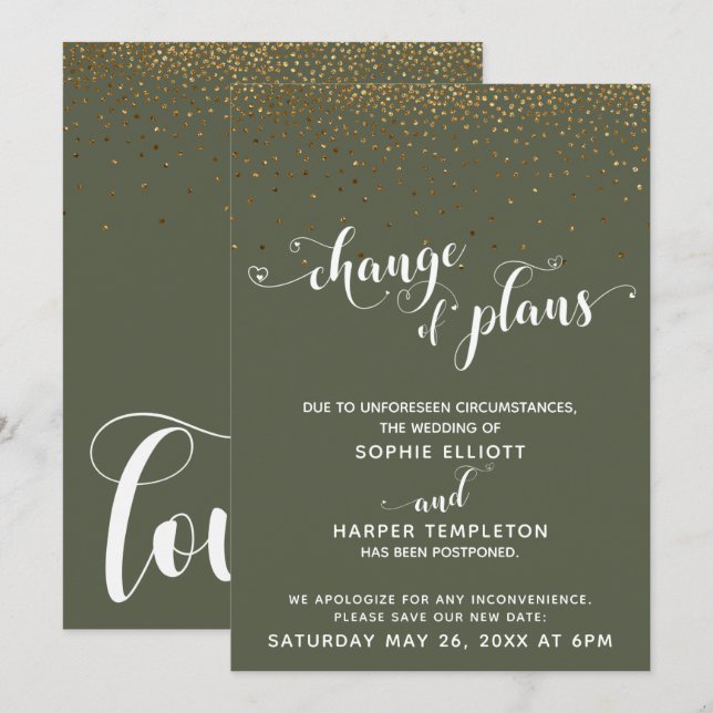 Gold Confetti & Chive Green Change of Plans Card Einladung (Vorne/Hinten)