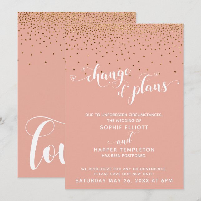 Gold Confetti & Coral "Change of Plans" Karte (Vorne/Hinten)
