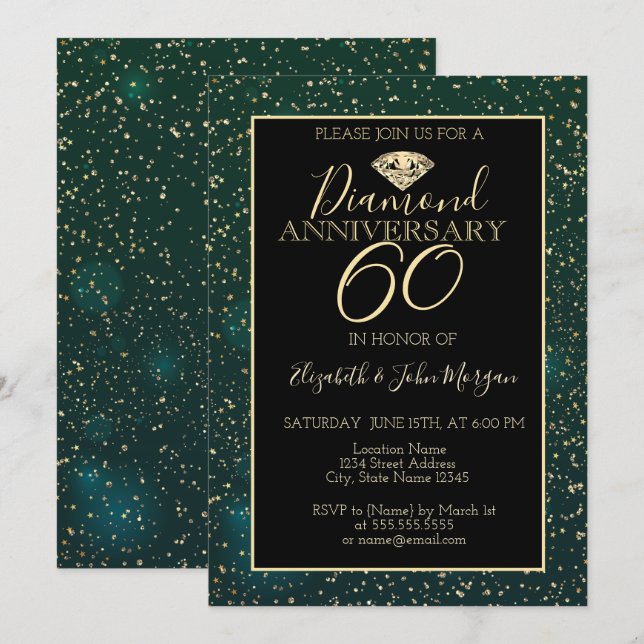 Gold Confetti Diamond Green Wedding Jubiläum Einladung (Vorne/Hinten)
