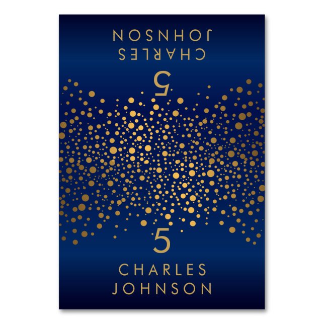 Gold Confetti Dots and Navy Blue - Platzkarten Tischnummer (Vorderseite)