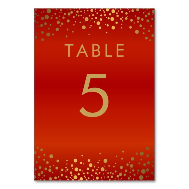 Gold Confetti Dots and Red - Table Card Tischnummer (Vorderseite)