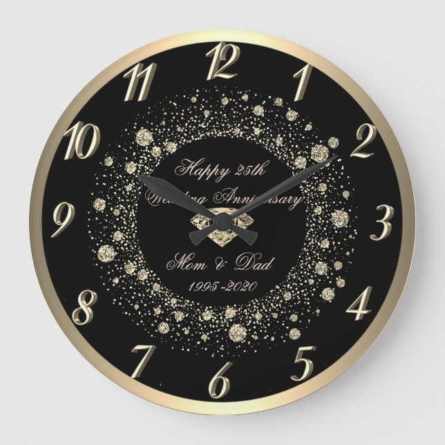 Gold Confetti Dots Black 25. Hochzeit Große Wanduhr (Vorderseite)