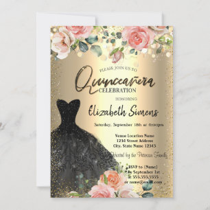 Gold Confetti Dots, Black Dress Rose Quinceañera Einladung