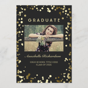 Gold Confetti Dots Black Elegantes Foto Abschluss Einladung