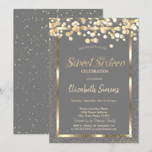 Gold Confetti Dots Brown Sweet 16 Einladung