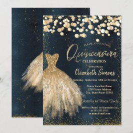 Gold Confetti Dots, Dress Dark Blue Quinceañera Einladung