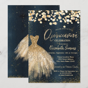 Gold Confetti Dots, Dress Dark Blue Quinceañera Einladung