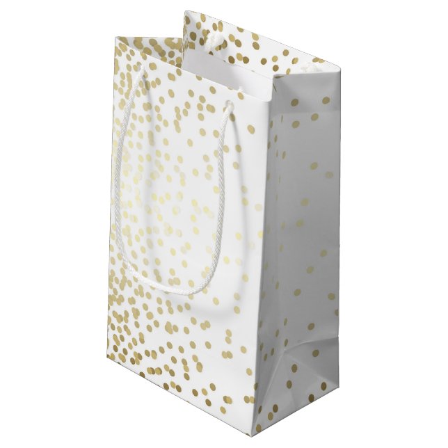 Gold Confetti Dots Elegantes Weißes Tessin Kleine Geschenktüte (Rückseite Schrägansicht)