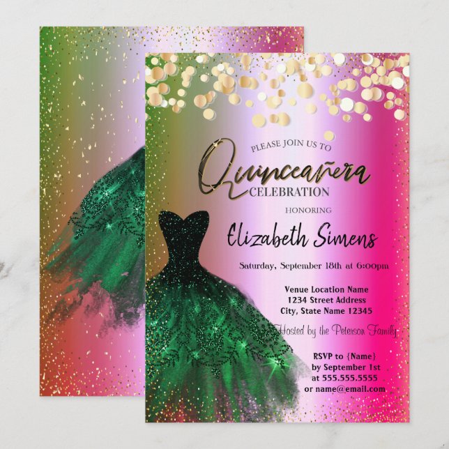 Gold Confetti Dots, grünes Kleid Ombre Quinceañera Einladung (Vorne/Hinten)