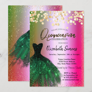 Gold Confetti Dots, grünes Kleid Ombre Quinceañera Einladung