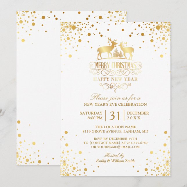Gold Confetti Dots Happy Silvester Party Einladung (Vorne/Hinten)