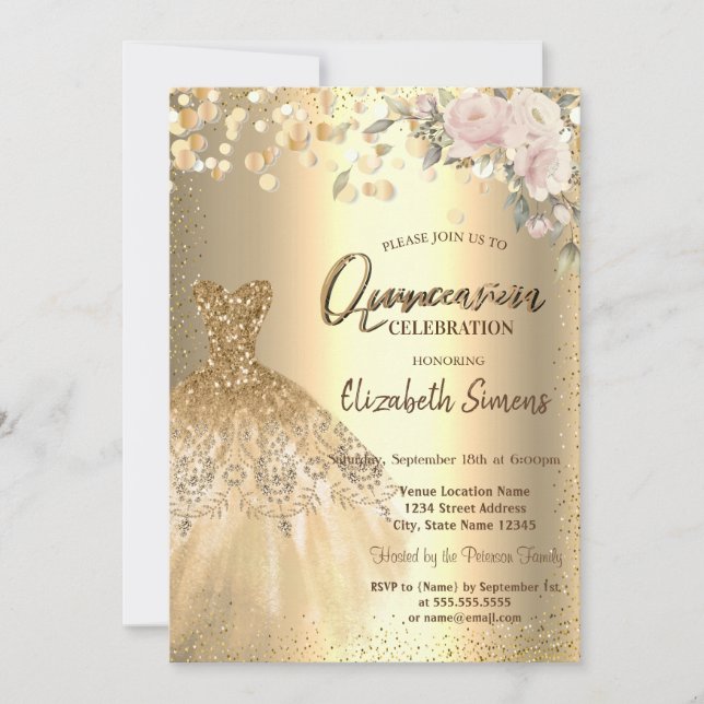 Gold Confetti Dots, Kleid, Rose Quinceañera Einladung (Vorderseite)