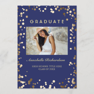 Gold Confetti Dots Navy Elegantes Foto Abschluss Einladung