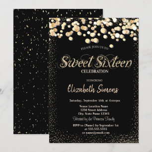 Gold Confetti Dots Prinzessin Black Sweet 16 Einladung