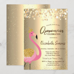 Gold Confetti Dots, rosa Flamingo Quinceañera Einladung