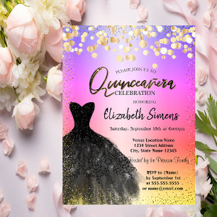 Gold Confetti Dots, Schwarzes Kleid Ombre Quinceañ Einladung